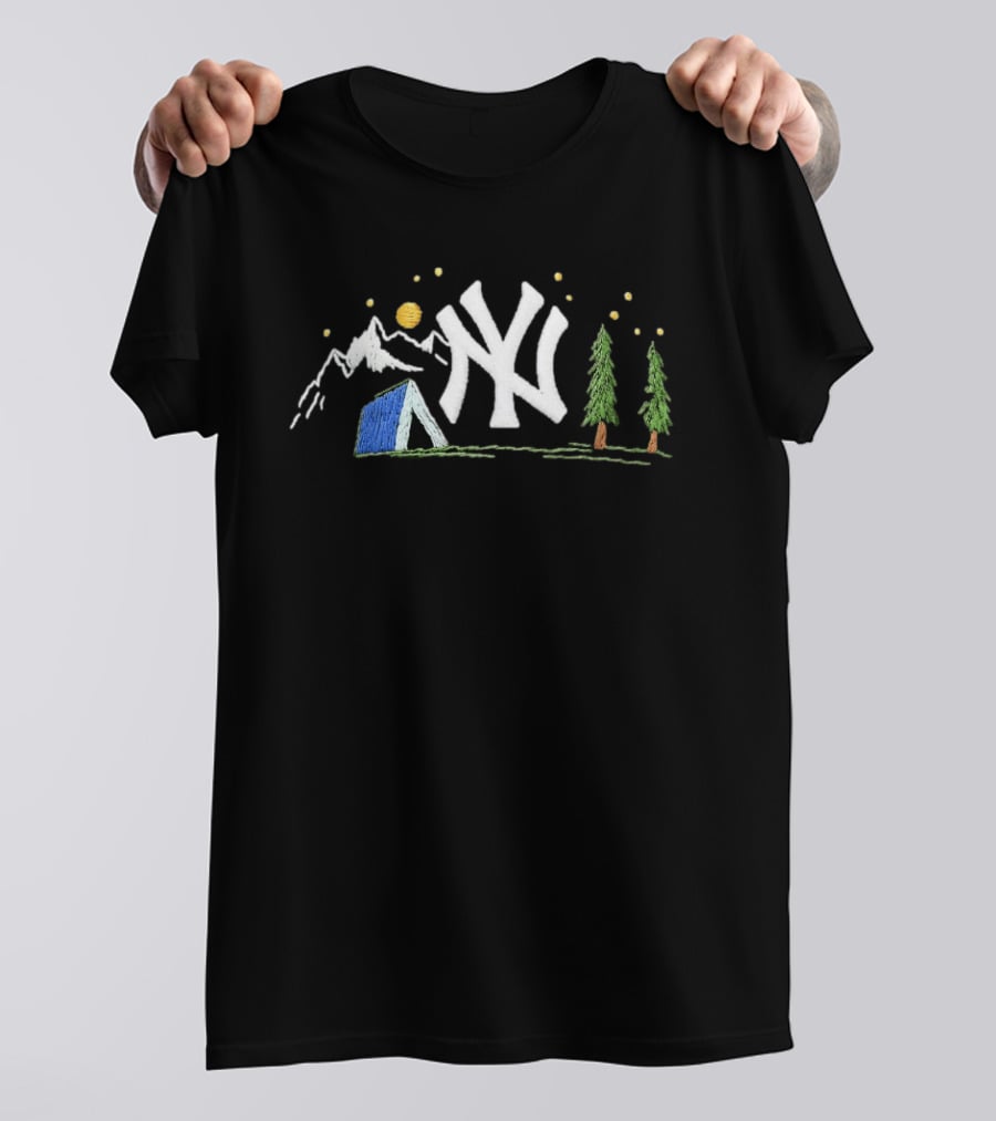 New York Yankees Embroidered Camping Mountain Tent Scene Cap T-Shirt