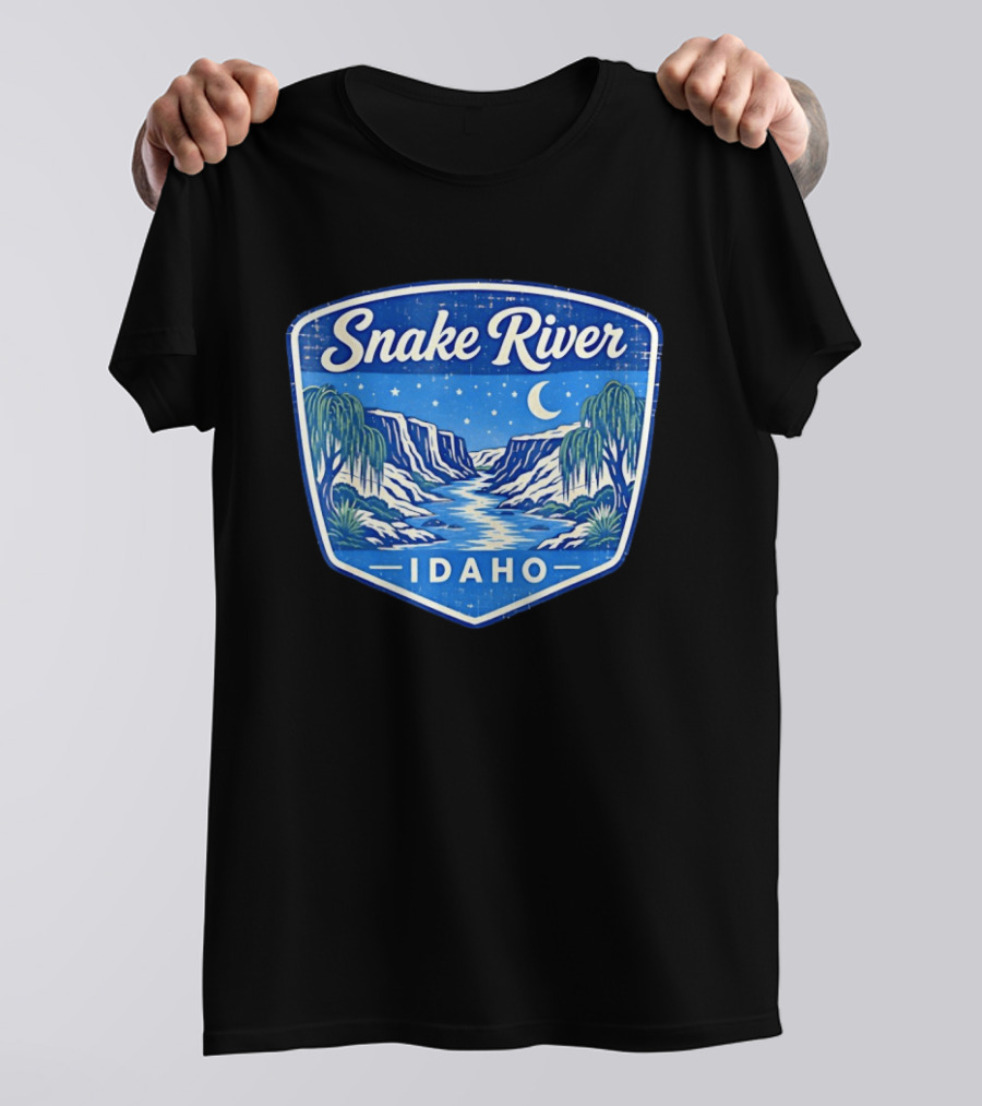 Snake River Idaho Nighttime Canyon With Moon And Stars T-Shirt