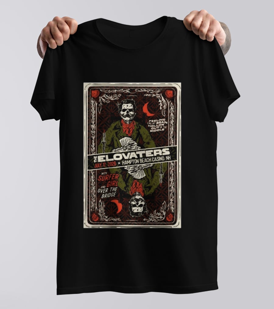 The Elovaters July 17 2026 Hampton Beach Casino NH Surfer Girl Over The Bridge Skeleton Cards T-Shirt