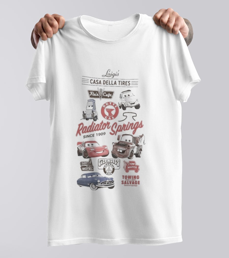 Luigi's Casa Della Tires Radiator Springs Classics Since 1909 Piston Cup Racing 95 Mater Tractor Tipping T-Shirt