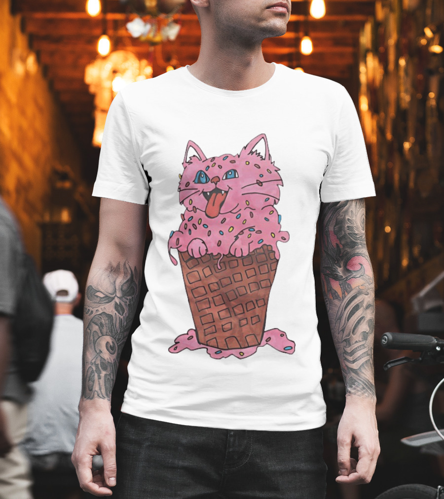 Pink Cat Ice Cream Cone Sprinkles Waffle Delight T-Shirt
