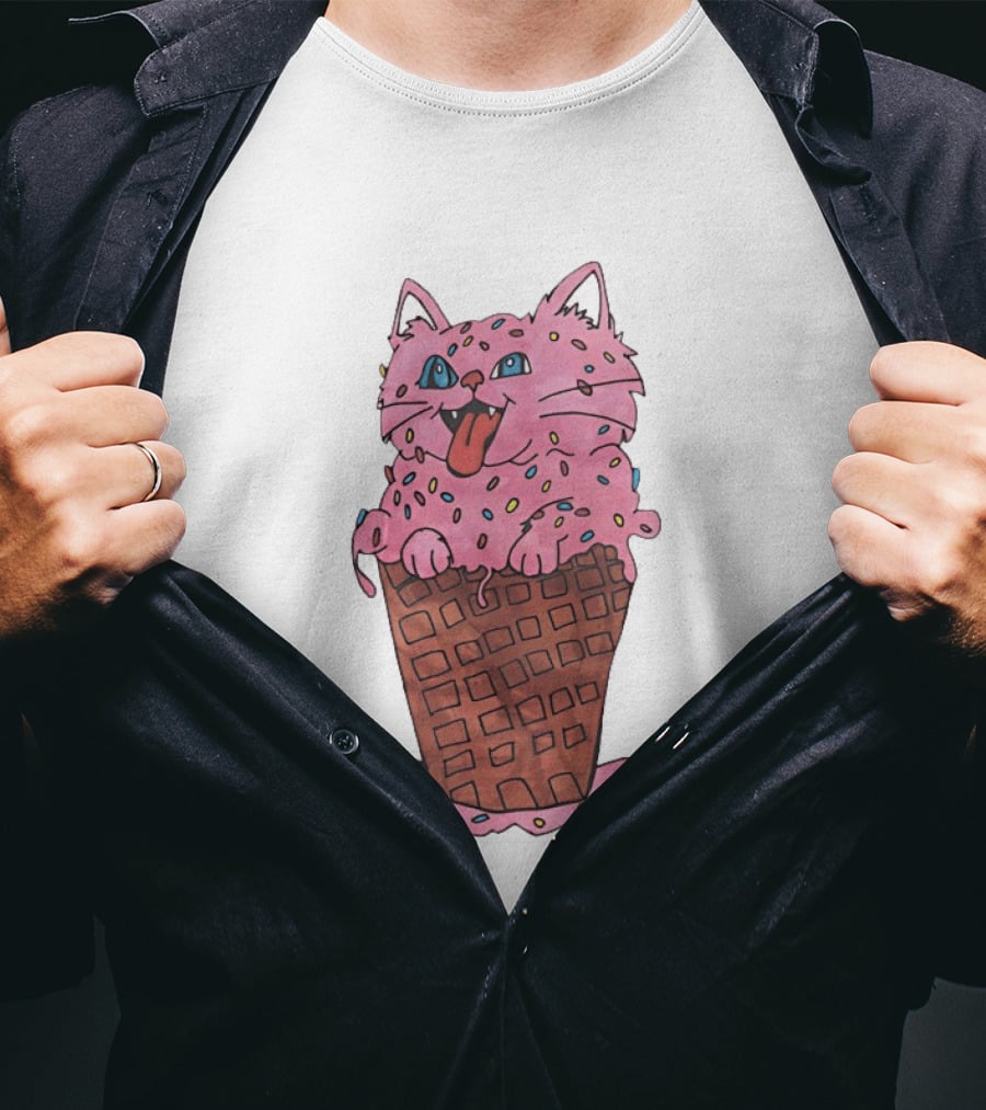Pink Cat Ice Cream Cone Sprinkles Waffle Delight T-Shirt