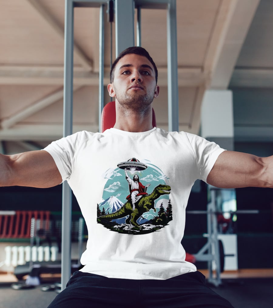 Jesus Riding Rex UFO Nature Scene With Mountains And Trees T-Shirt