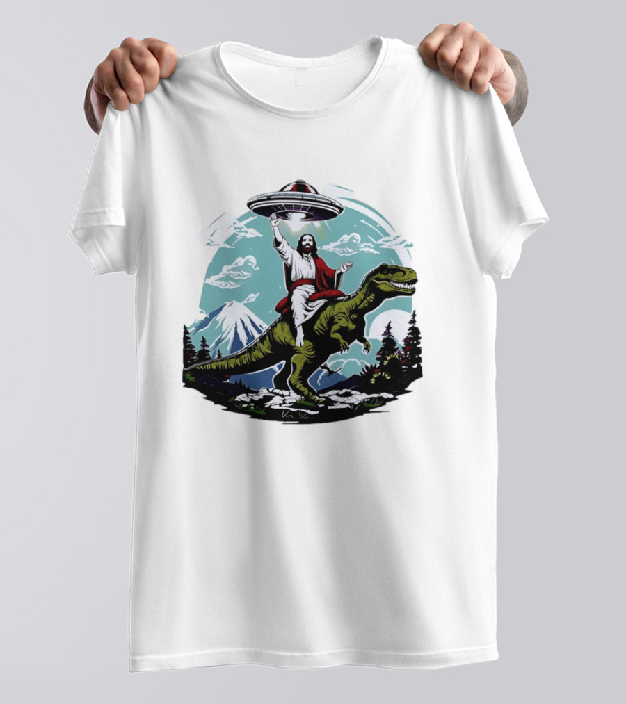 Jesus Riding Rex UFO Nature Scene With Mountains And Trees T-Shirt