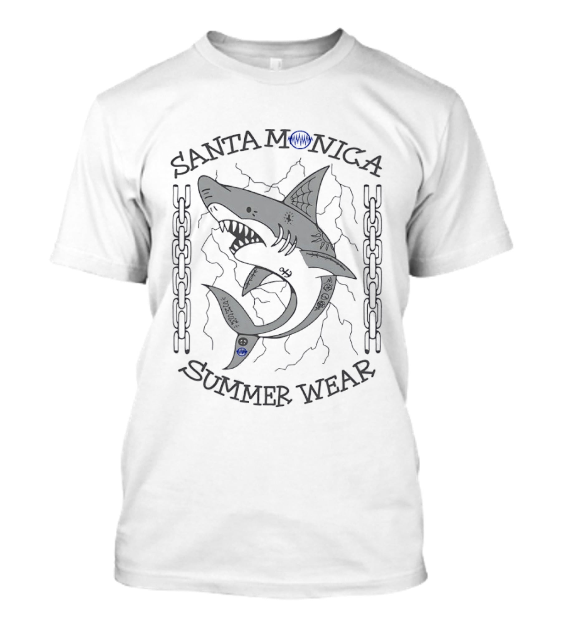 Santa Monica Summer Wear Shark Tattoo Chains And Waves T-Shirt