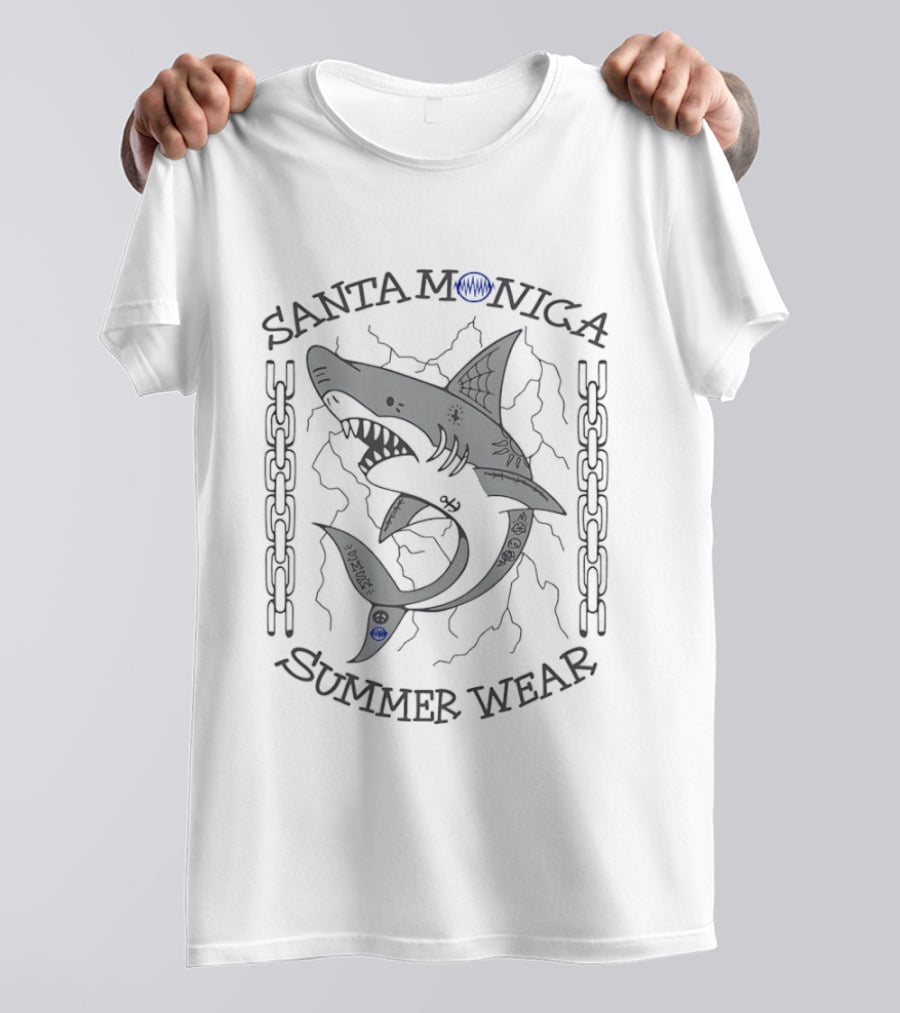 Santa Monica Summer Wear Shark Tattoo Chains And Waves T-Shirt