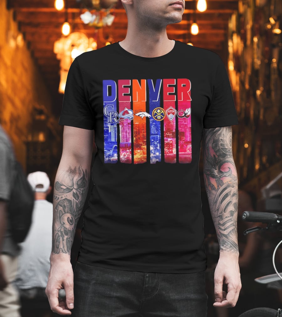 Denver City Skyline With Colorado Rockies Avalanche Broncos Nuggets Rapids Mammoth T-Shirt