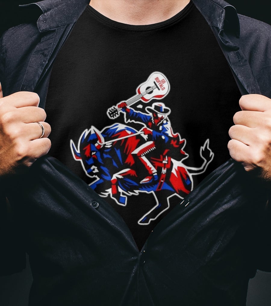 Kenan Center Buffalo Bills Go Buffalo Guitar Cowboy Riding Bull T-Shirt