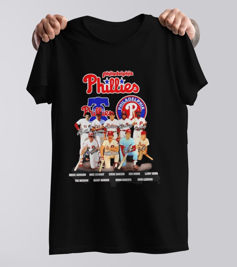 Philadelphia Phillies Legends Ashburn Schmidt Carlton Boone Bowa McGraw Maddox Roberts Luzinski Signatures Vintage Players T-Shirt