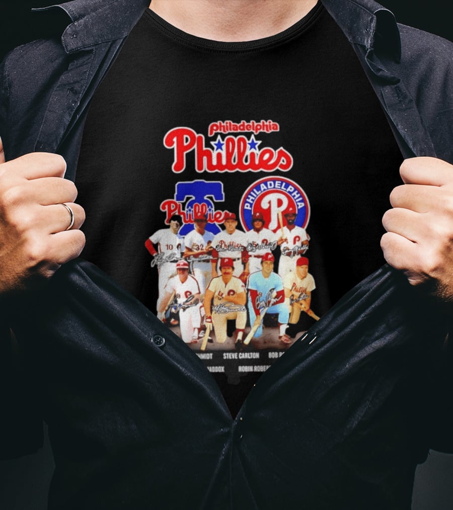 Philadelphia Phillies Legends Ashburn Schmidt Carlton Boone Bowa McGraw Maddox Roberts Luzinski Signatures Vintage Players T-Shirt