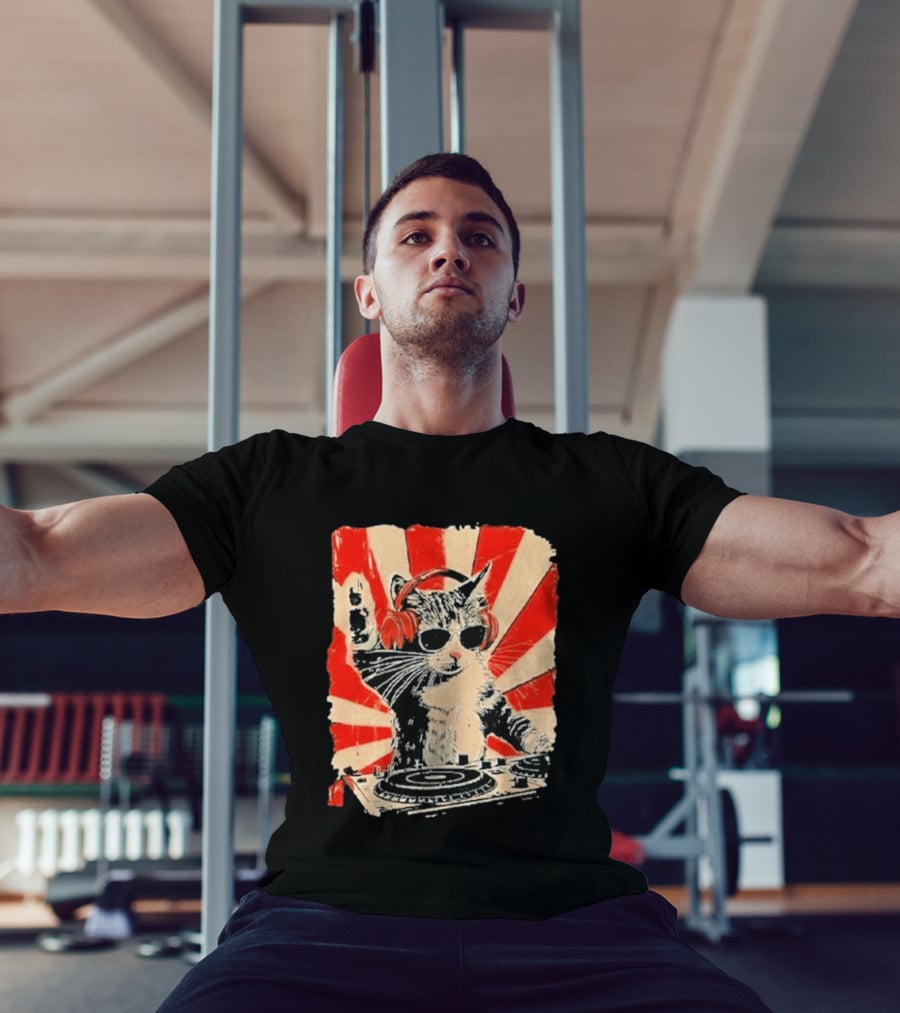DJ Cat With Headphones Red Sunburst T-Shirt