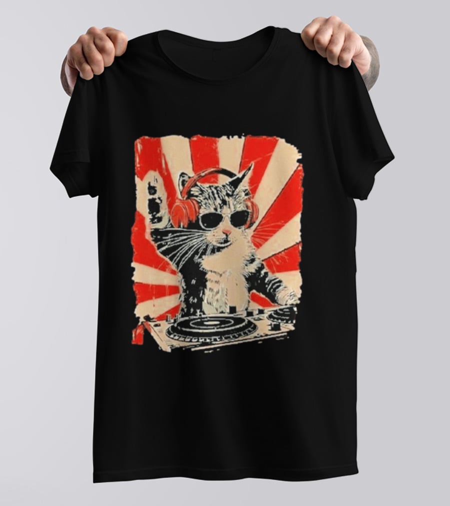 DJ Cat With Headphones Red Sunburst T-Shirt