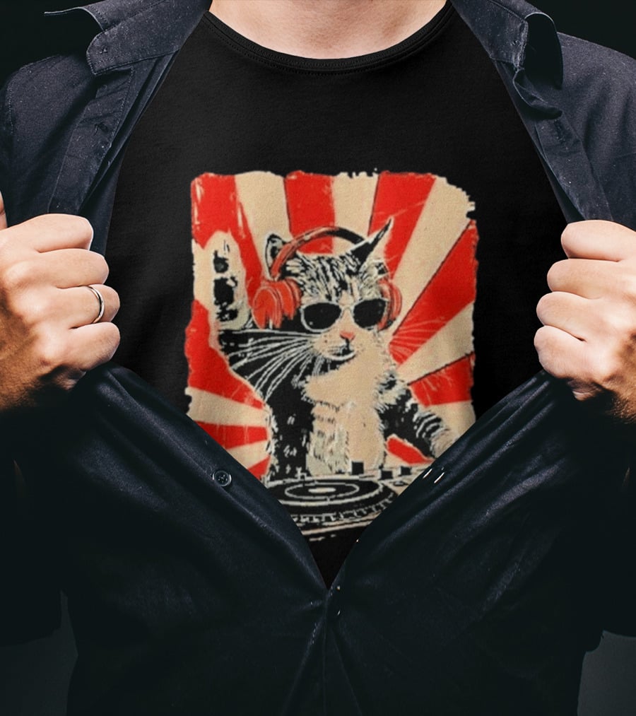 DJ Cat With Headphones Red Sunburst T-Shirt