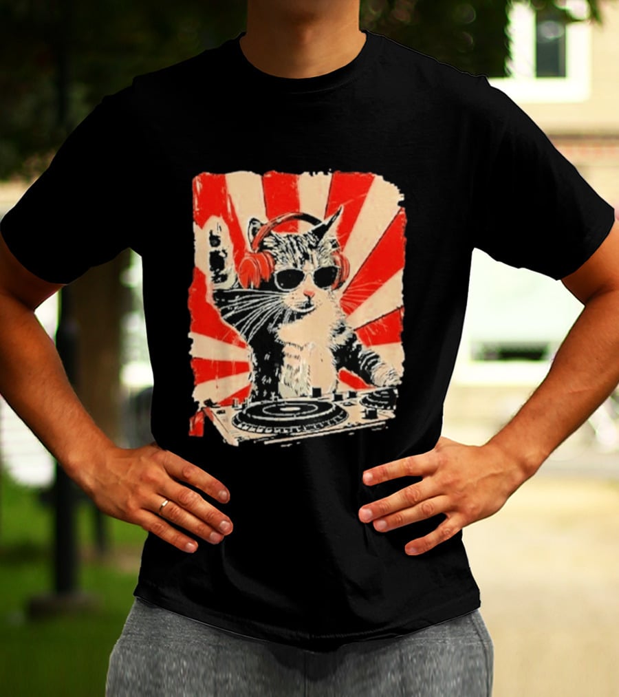 DJ Cat With Headphones Red Sunburst T-Shirt