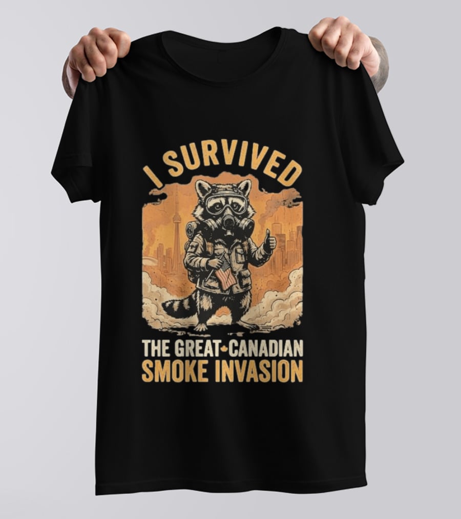 I Survived The Great Canadian Smoke Invasion Raccoon Cityscape Gas Mask T-Shirt