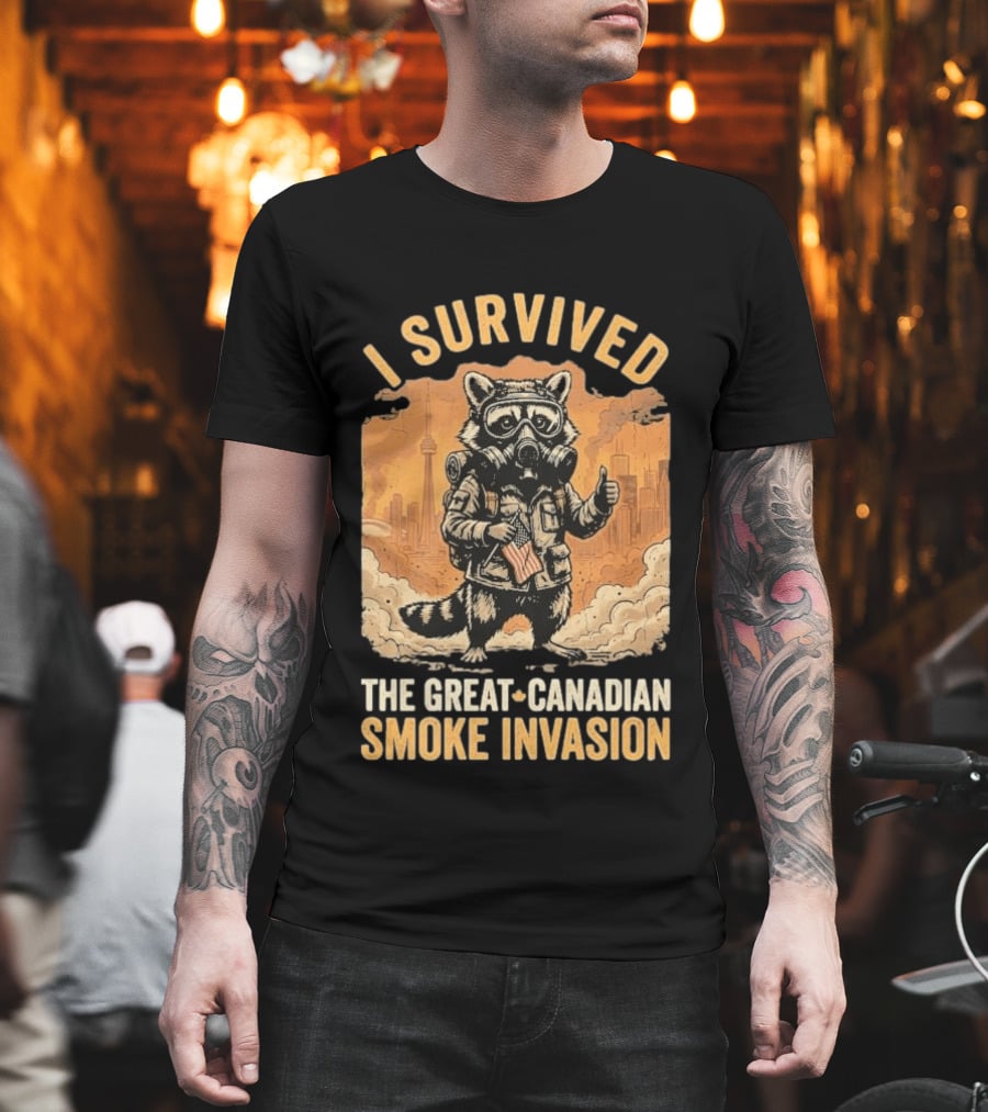 I Survived The Great Canadian Smoke Invasion Raccoon Cityscape Gas Mask T-Shirt