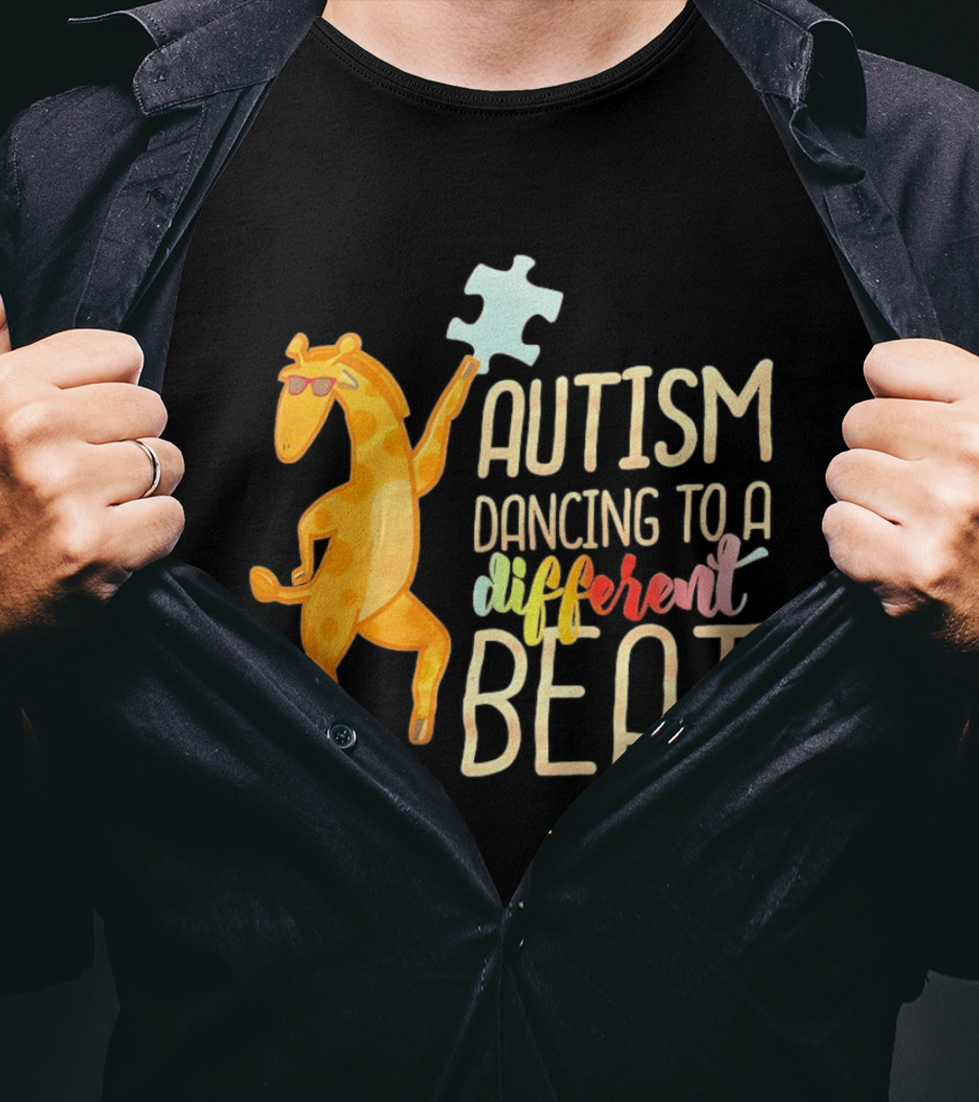 Autism Dancing To A Different Beat Giraffe Puzzle Piece And Sunglasses T-Shirt