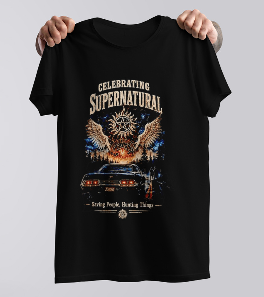 Celebrating Supernatural Saving People Hunting Things Angel Wings Classic Car T-Shirt