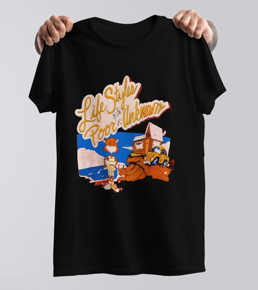 Life Styles Of The Poor And Unknown Cartoon Cat Beach Scene With House And Car T-Shirt