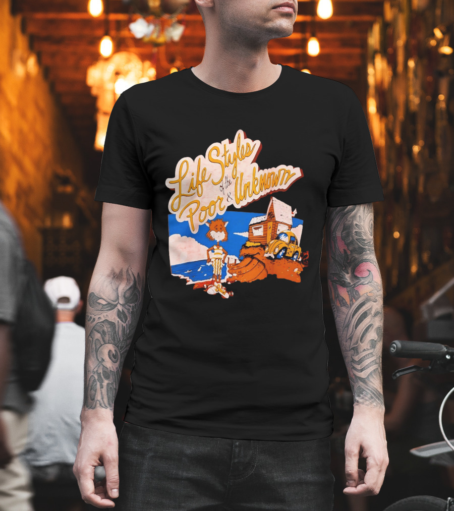 Life Styles Of The Poor And Unknown Cartoon Cat Beach Scene With House And Car T-Shirt