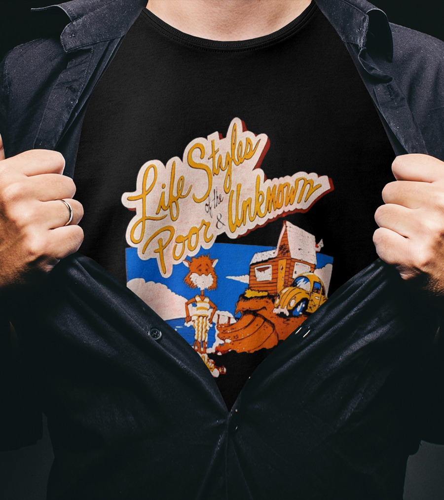 Life Styles Of The Poor And Unknown Cartoon Cat Beach Scene With House And Car T-Shirt