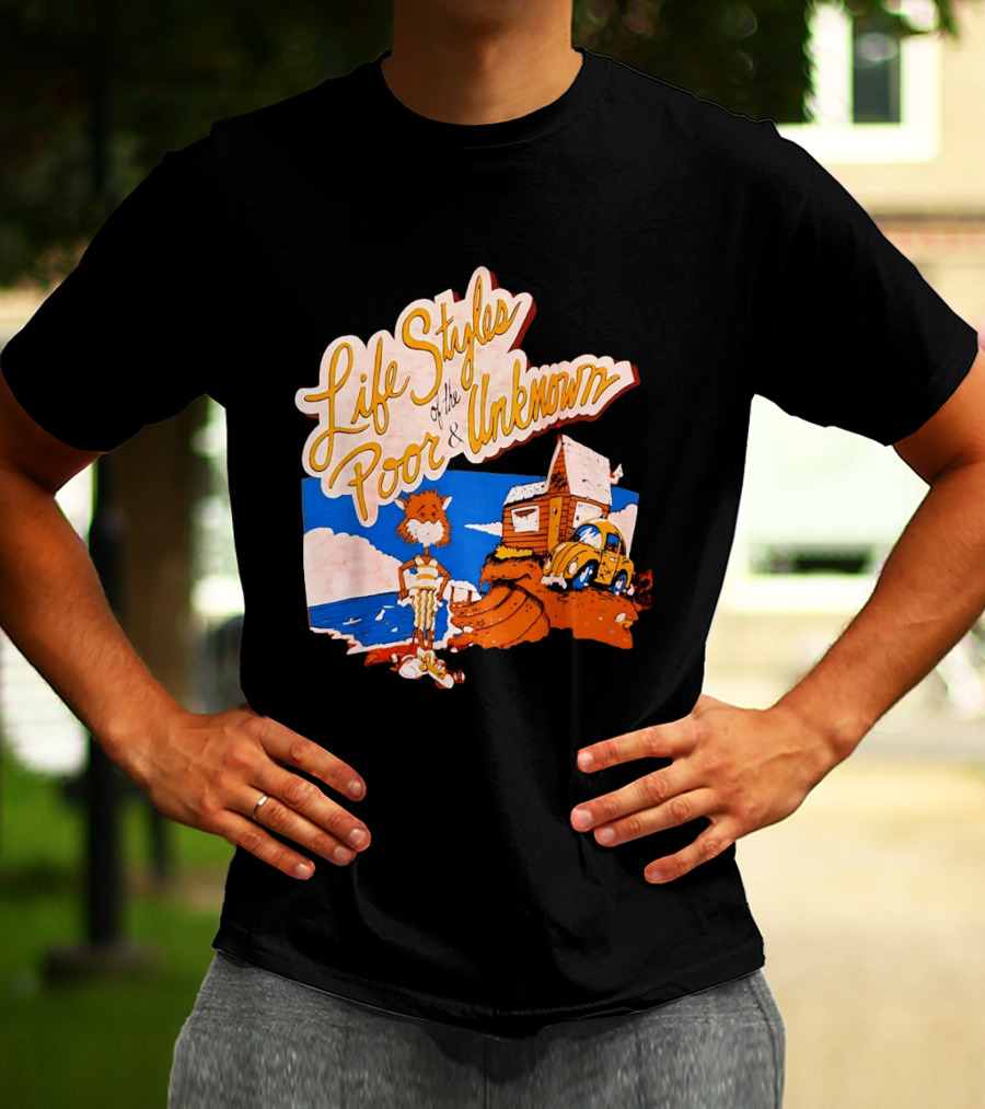 Life Styles Of The Poor And Unknown Cartoon Cat Beach Scene With House And Car T-Shirt