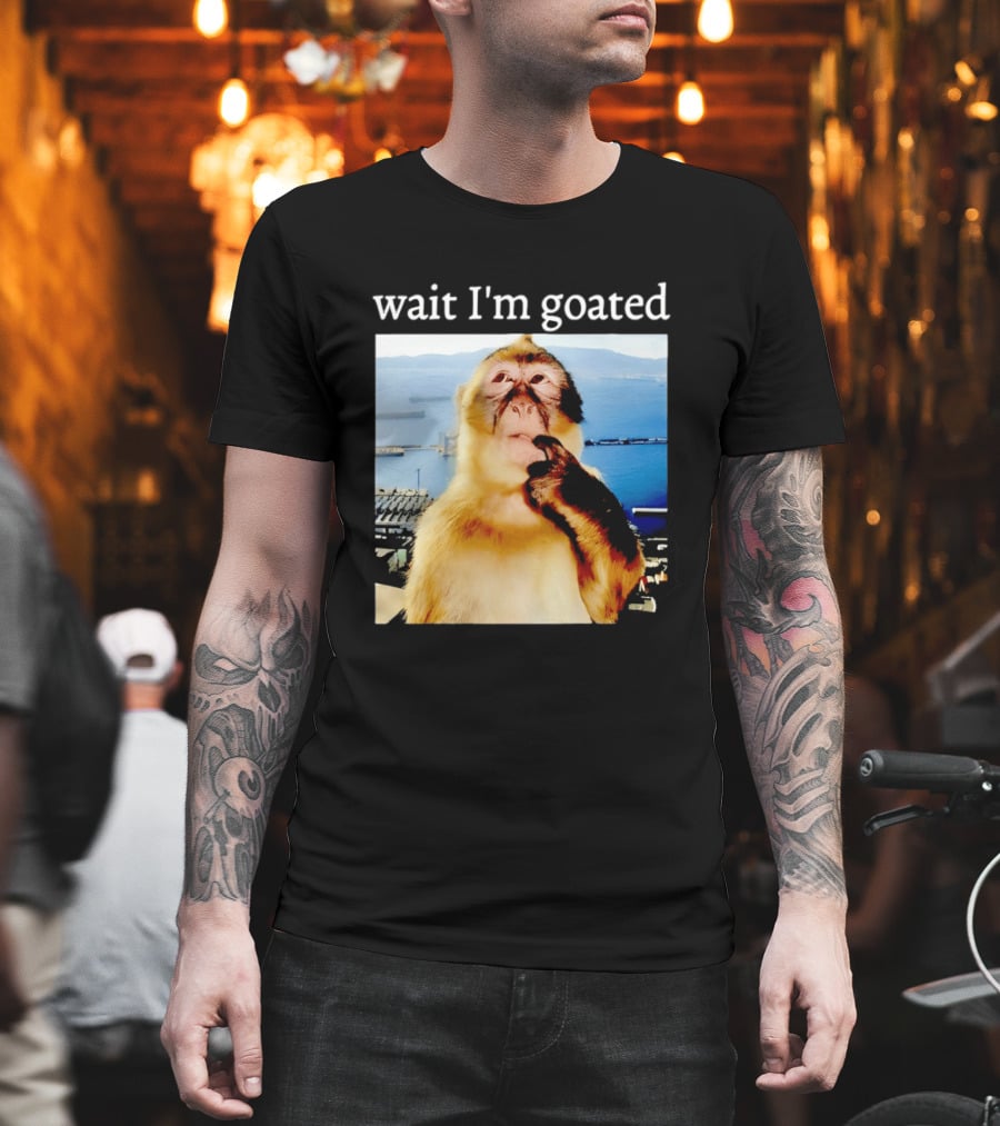 Wait I'm Goated Monkey Meme Coastal View Playful Expression T-Shirt