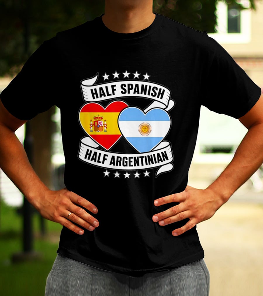 Half Spanish Half Argentinian Heart Flags Banner Star T-Shirt