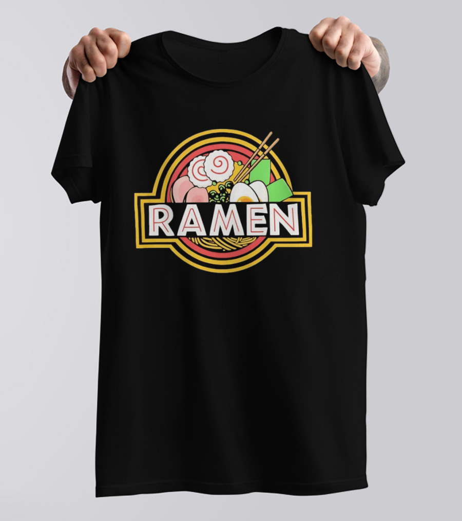 Ramen Jurassic Park Japanese Food Logo Parody With Noodles And Chopsticks T-Shirt