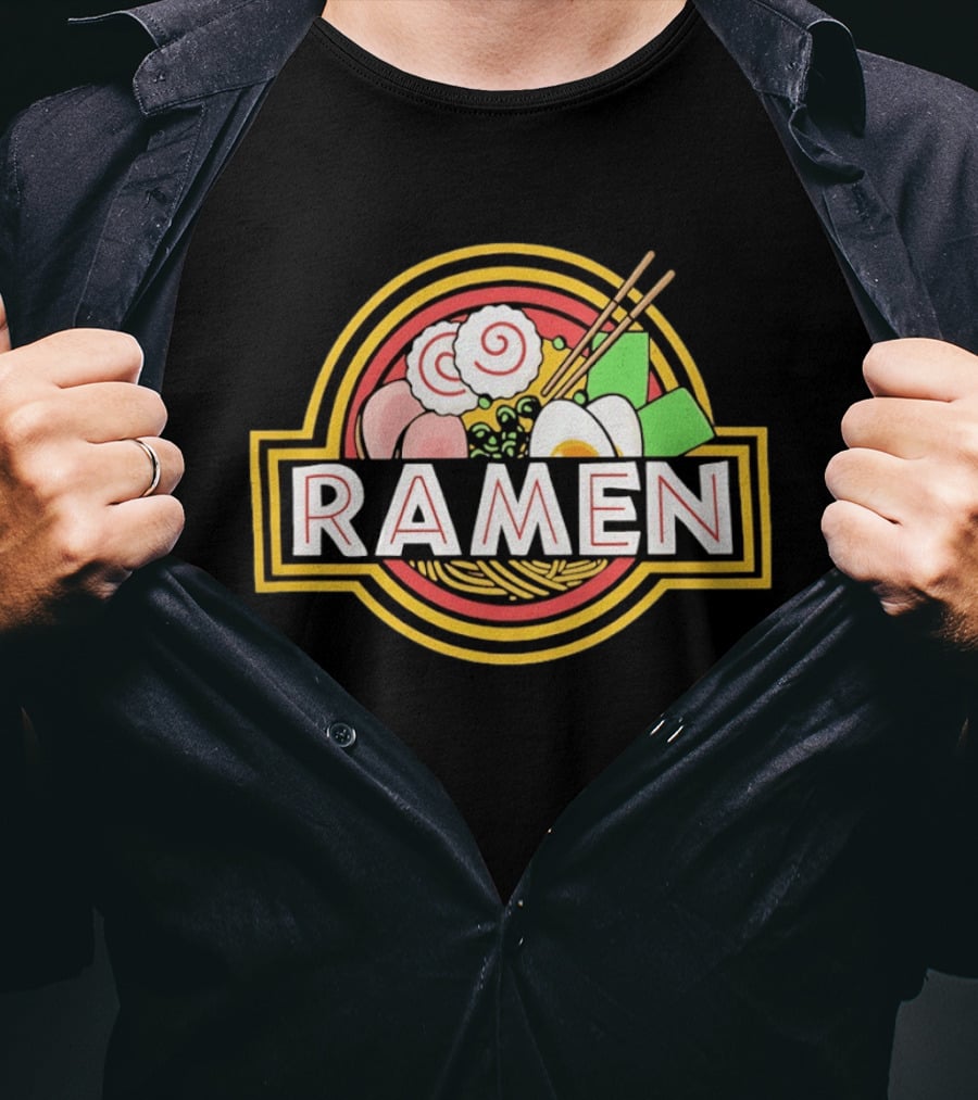 Ramen Jurassic Park Japanese Food Logo Parody With Noodles And Chopsticks T-Shirt