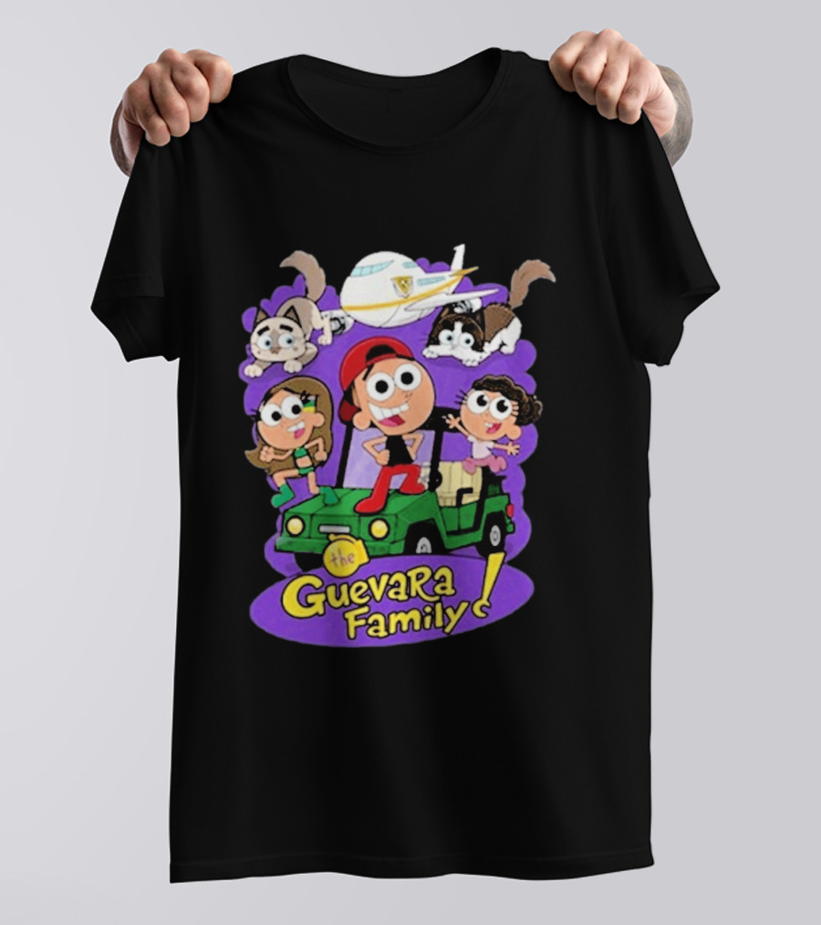The Guevara Family Cartoon Adventure With Pets And Airplane T-Shirt