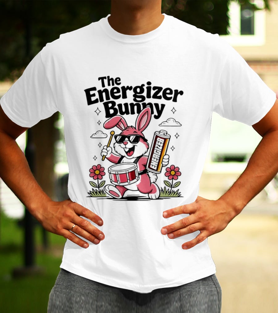 The Energizer Bunny Playing Drum Cartoon Pink Rabbit Sunglasses Drumming With Battery And Flowers T-Shirt