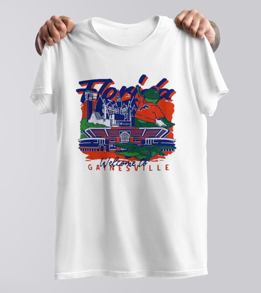 Florida Gators Welcome To Gainesville Stadium And Mascot Collage T-Shirt