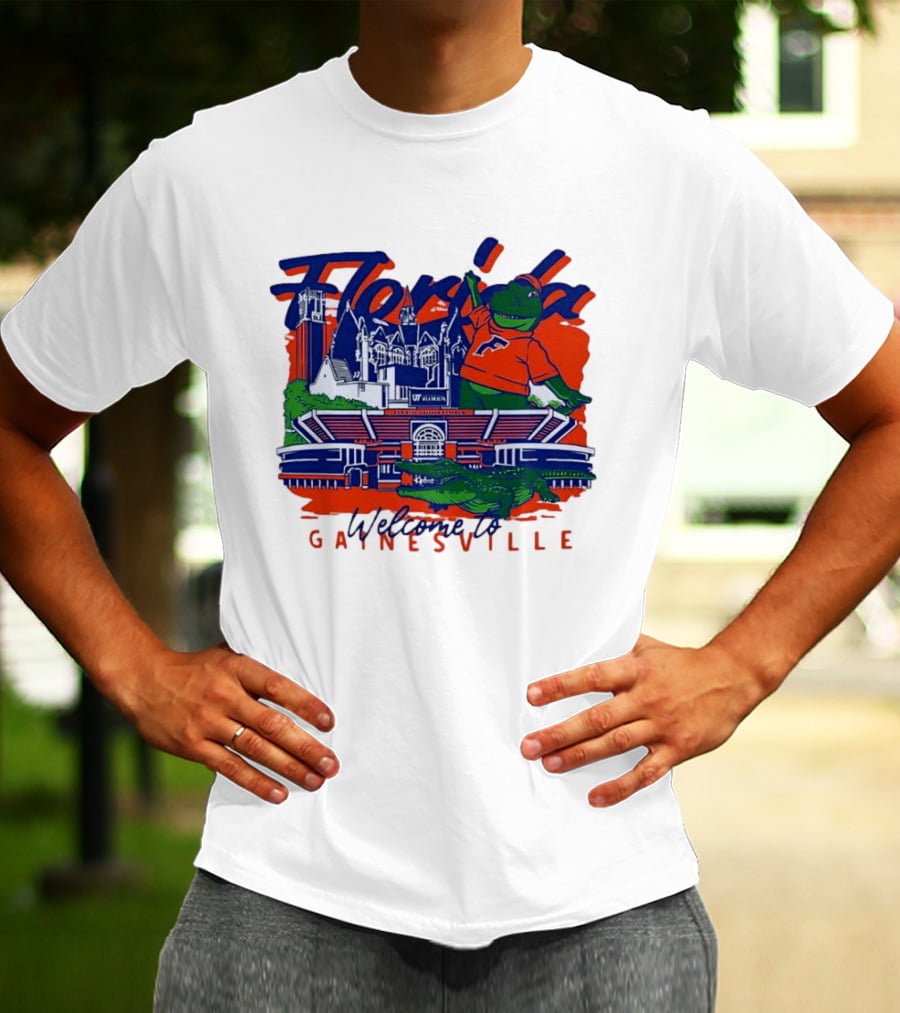 Florida Gators Welcome To Gainesville Stadium And Mascot Collage T-Shirt