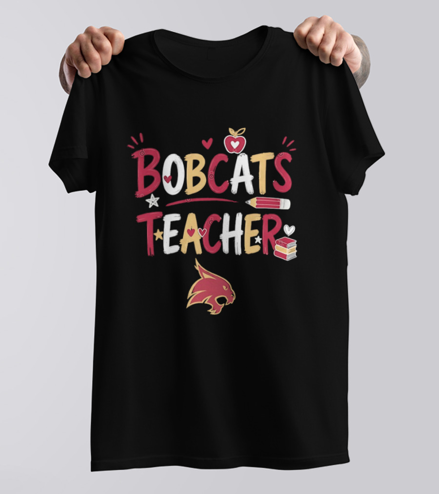 Bobcats Teacher School Spirit Heart Pencil Books Stars T-Shirt