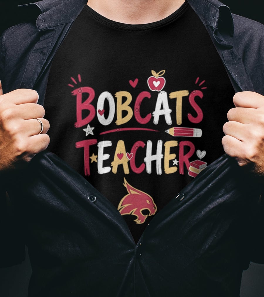 Bobcats Teacher School Spirit Heart Pencil Books Stars T-Shirt