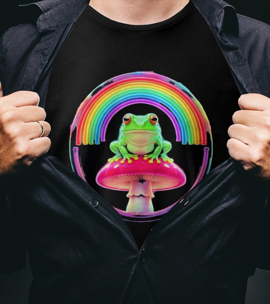 Neon Frog On Mushroom Under Vibrant Rainbow Circle T-Shirt