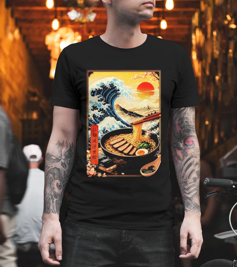Great Wave Ramen Ukiyo E Japanese Noodles Cherry Blossoms Sun Mountain T-Shirt