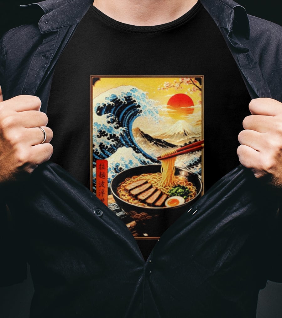 Great Wave Ramen Ukiyo E Japanese Noodles Cherry Blossoms Sun Mountain T-Shirt
