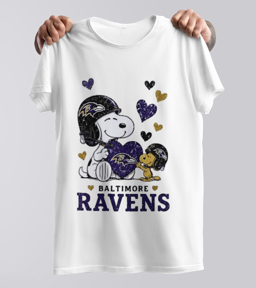 Baltimore Ravens Peanuts Snoopy Woodstock Love Laughter Hearts T-Shirt