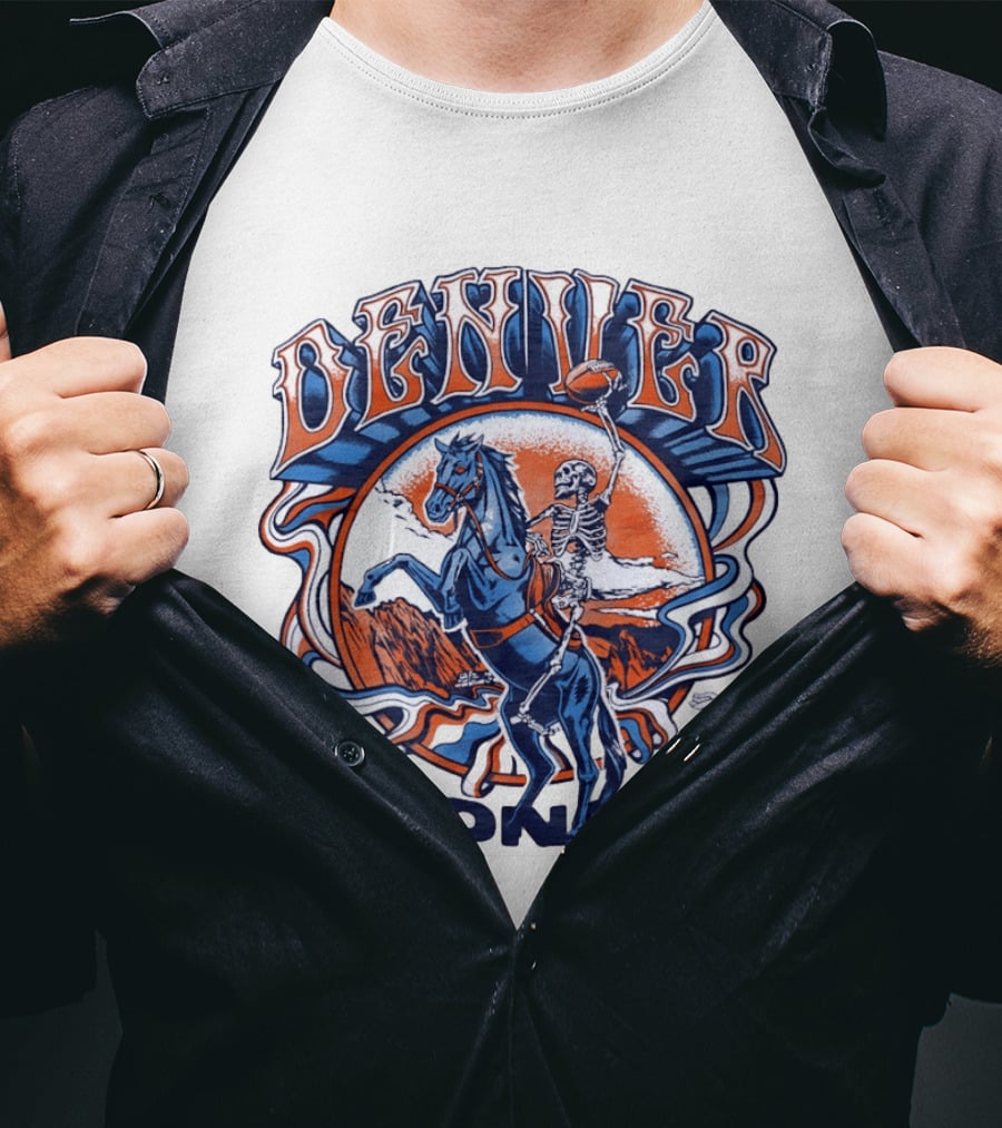 Denver Broncos Skeleton Horse Rider Football T-Shirt