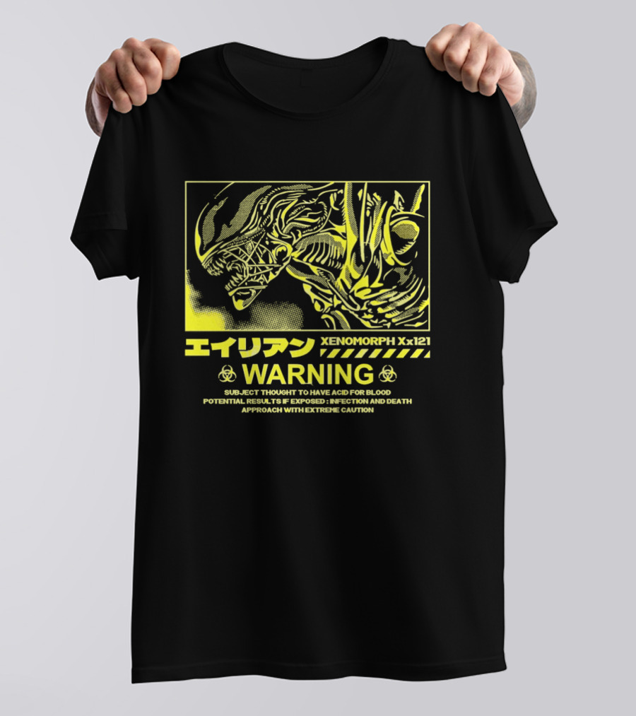 Alien Xenomorph Xx121 Acid Blood Warning Hazard Japan Text Yellow T-Shirt