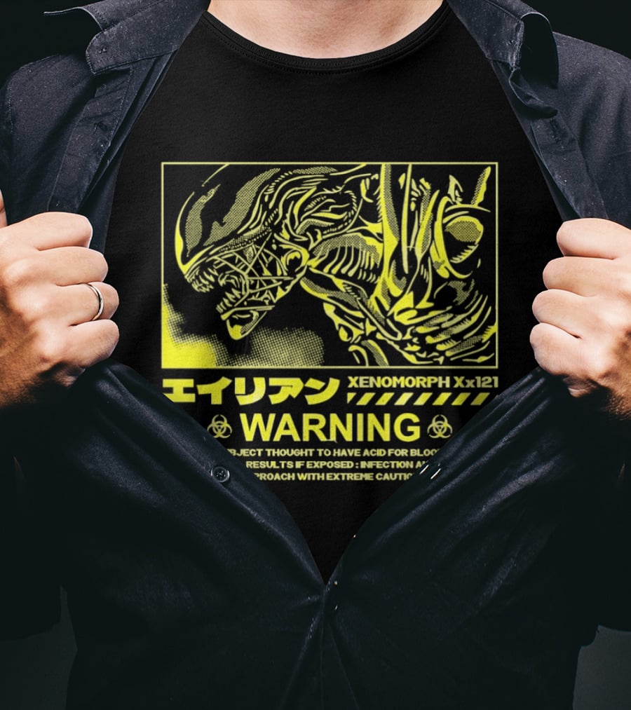 Alien Xenomorph Xx121 Acid Blood Warning Hazard Japan Text Yellow T-Shirt