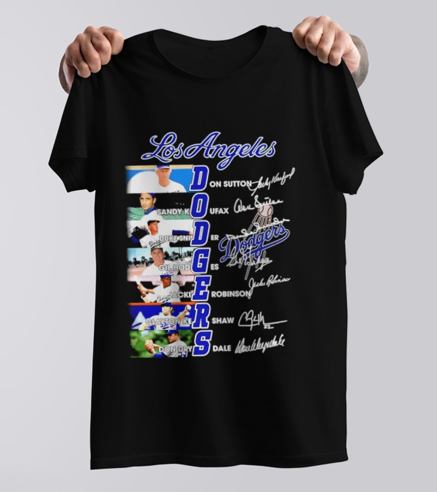 Los Angeles Dodgers Don Sutton Sandy Koufax Duke Snider Gil Hodges Jackie Robinson Clayton Kershaw Don Drysdale Signatures T-Shirt