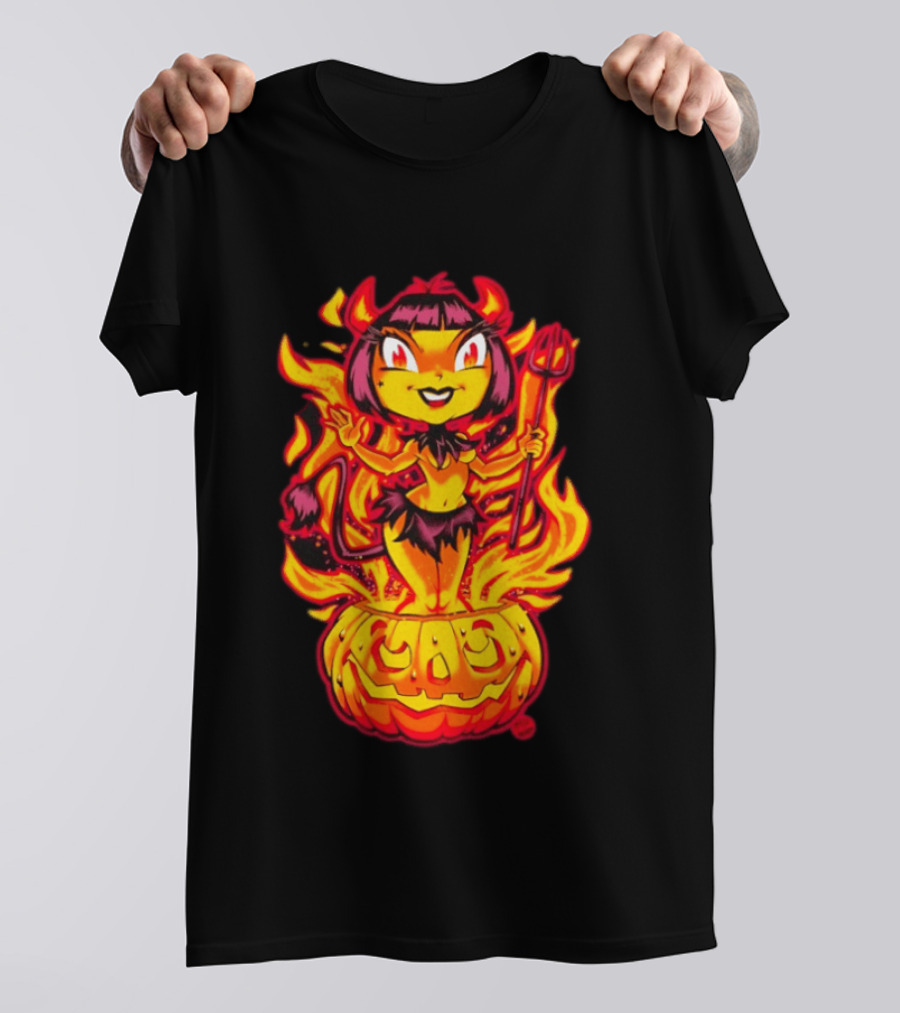 Devil Girl In Jack O' Lantern Halloween Flames With Pitchfork And Tail T-Shirt