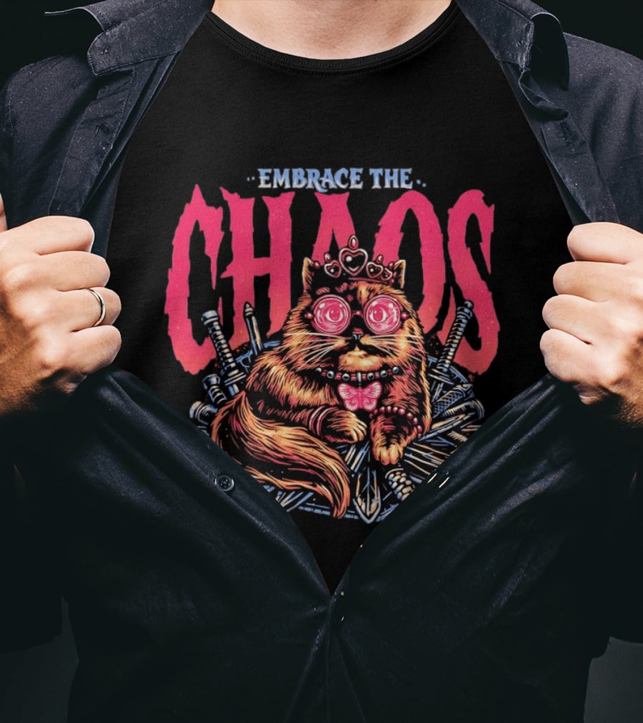 Embrace The Chaos Cat Pink Crown Daggers Funny Feline T-Shirt
