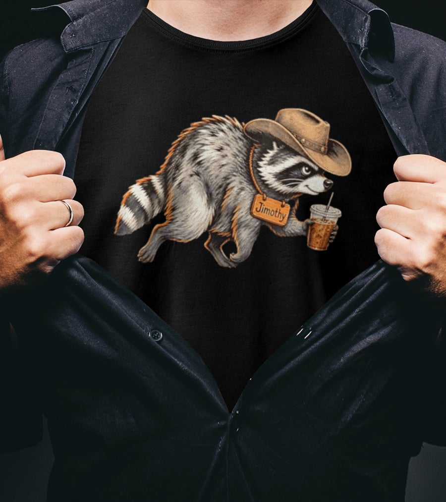 Jimothy Raccoon Cowboy With Iced Coffee T-Shirt