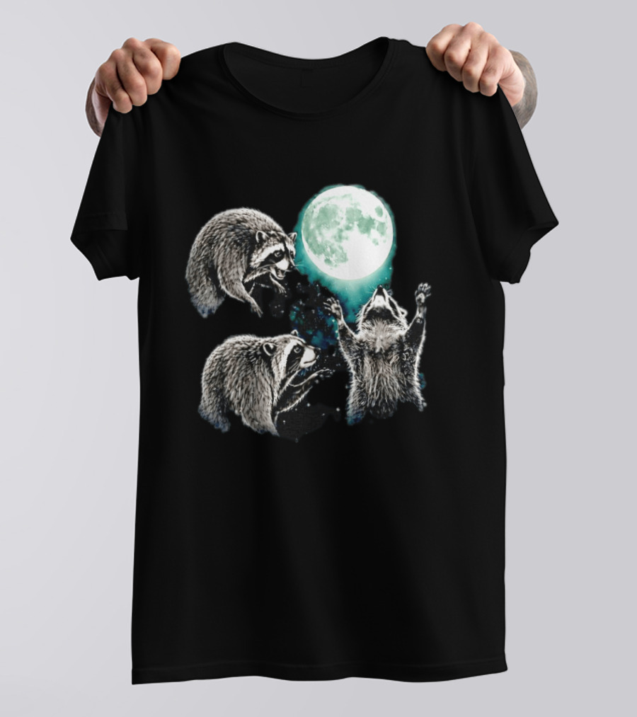 Jimothy Raccoon Moon Space Wolf Moon Trio Reaching For Full Moon T-Shirt