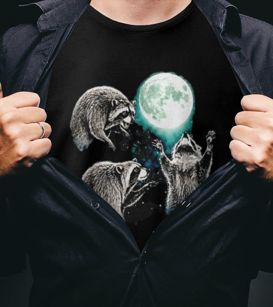 Jimothy Raccoon Moon Space Wolf Moon Trio Reaching For Full Moon T-Shirt