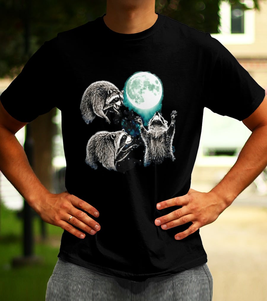 Jimothy Raccoon Moon Space Wolf Moon Trio Reaching For Full Moon T-Shirt